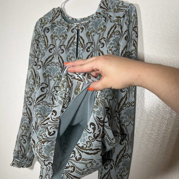 Tory Burch 100% Silk Wallpaper Floral Keyhole Frill Blouse Top Blue Size 4 - Picture 4 of 13
